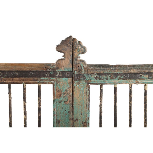 Vintage Indian Painted Garden Gate/"Dog Door", with remnants of its old green paint finish, iron rods, and shaped top...