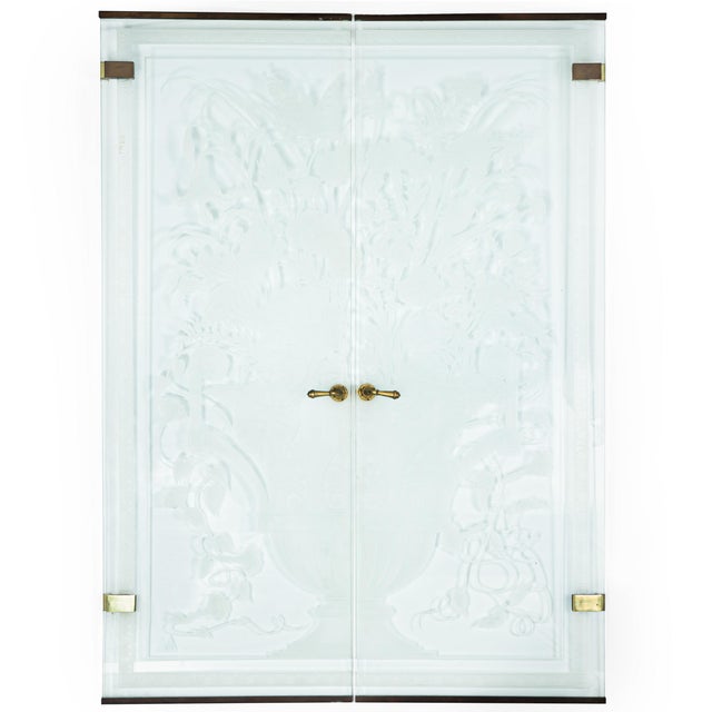 PAIR OF ART DECO REVIVAL ETCHED GLASS DOORS Dennis Abbe American, 1941–1995 Glass, copper, brass Doors likely circa...