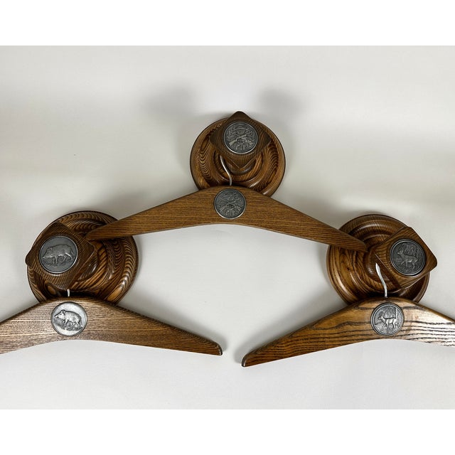 Vintage German Hunting Hangers in Handcrafted Wood and Pewter, 1950s, Set of 6, in Flawless conditions. Designed 1950 to 1959