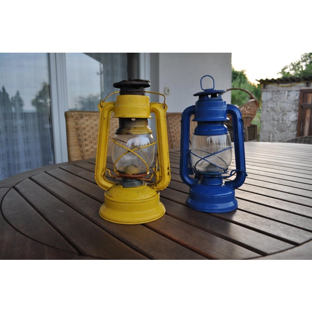 Hungarian Yellow and Blue Oil Lamps, 1960s, Set of 2 For Sale - Image 6 of 6