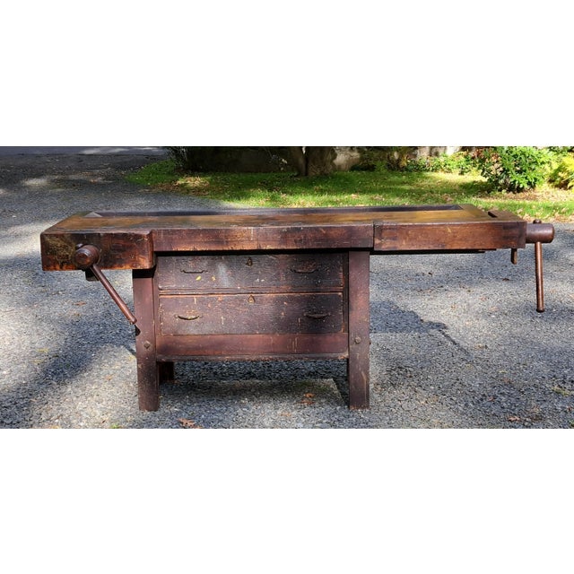 Brown Antique Industrial Carpenters Workbench Kitchen Island For Sale - Image 8 of 14