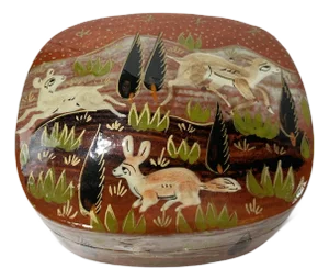 Vintage Hand-Painted Woodland Scene Lacquered Trinket Box