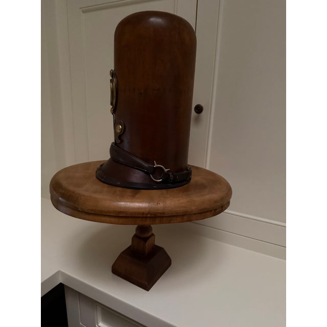 English Bobby Wood Vintage Hat Form Stand With Brass & Leather Details For Sale - Image 9 of 9