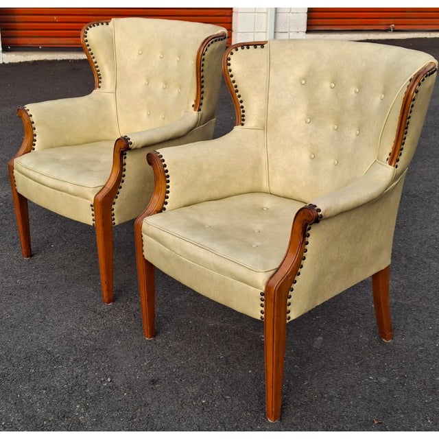 Pair Mid 20th Century Mahogany and Tufted Vinyl Upholstered Wingback Chairs For Sale - Image 4 of 14