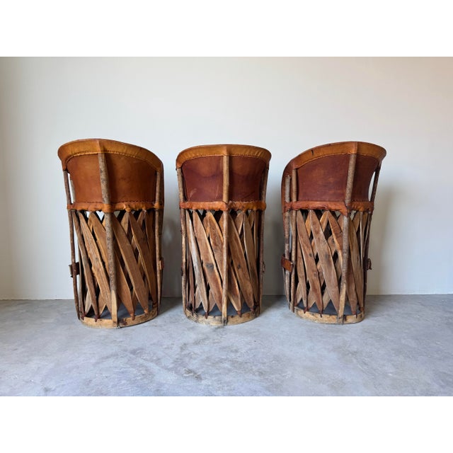Mid-Century Modern Vintage Mexican Southwest Equipale Leather and Cedar Wood Bar Stools — Set of 3 For Sale - Image 3 of 12