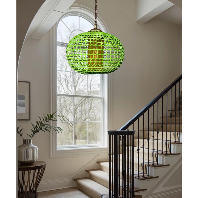 Late 20th Century Vintage Rattan Green Globe Oange Glass Shade Pendant Light For Sale - Image 5 of 18