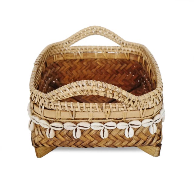 Boho Chic Vintage Coastal Bamboo & Cowry Basket Small For Sale - Image 3 of 8