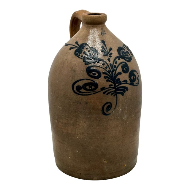 Great Mid 1800s Antique American 2 Galllon Stoneware Jug With Bold Artiscally Hand Decorated Navy Blue Flower Design For Sale