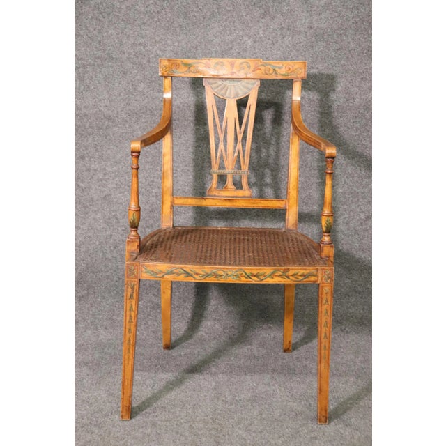 Fine Quality Paint Decorated English Satinwood Adams Cane Armchair Circa 1920 For Sale - Image 12 of 13