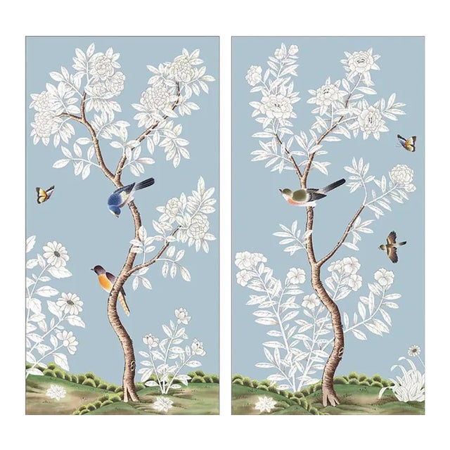 20" *40"/Panel, a Set of 2 Panels Blue Chinoiserie Printed Wallpaper Panels, Unframed - A Pair0 For Sale