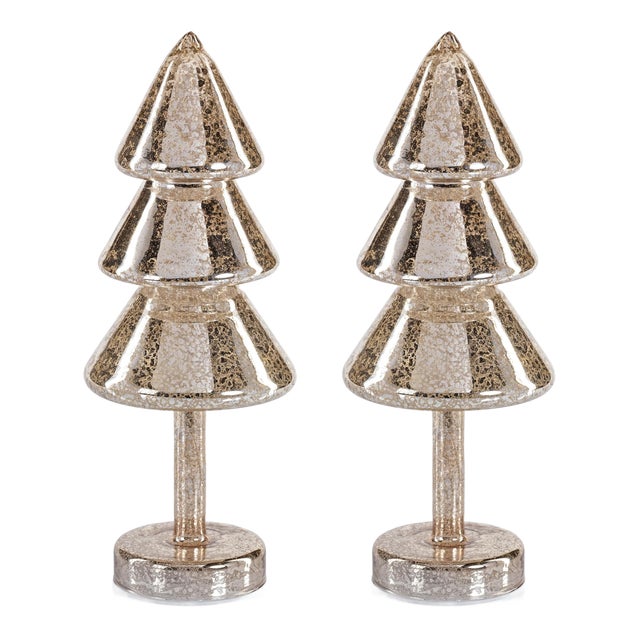 Crimbo 12.25" Gold Sparkle Layered Cone LED Trees, Set of 2 For Sale