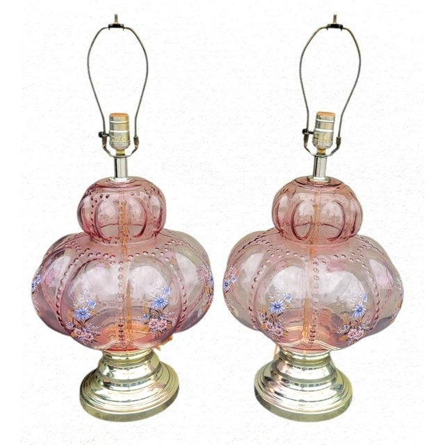 Pink Vintage Carl Falkenstein Double Bubble Glass Pale Pink Hob Knob Painted Table Lamps Pink Pleated Shades- A Pair For Sale - Image 8 of 12