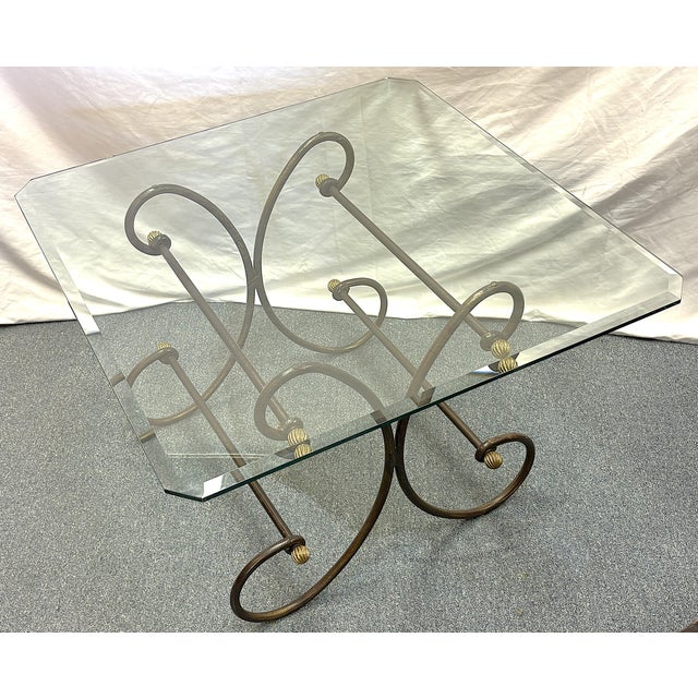 Vintage Scroll Wrought Iron and Brass Square Coffee Table With Beveled Glass Top For Sale In West Palm - Image 6 of 18