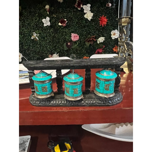 1970s Vintage Tibetan Wall Hanging Teal and Black Prayer Wheel For Sale - Image 5 of 11