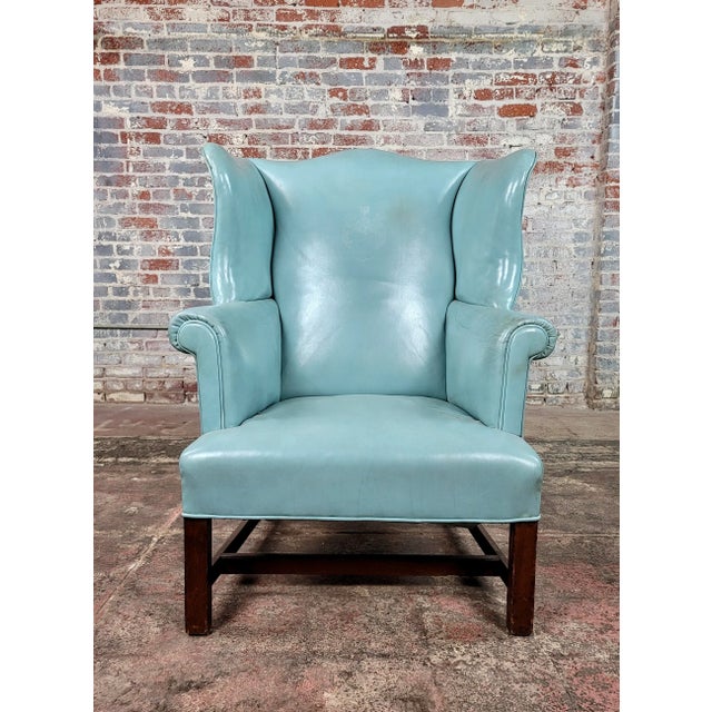 18th Century Teal Leather Upholstered Wing Chair-George III For Sale - Image 4 of 13