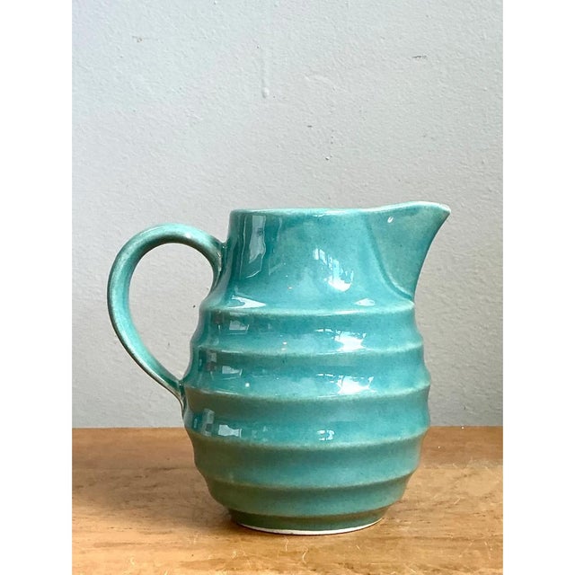 Aqua Vintage Aqua Ribbed Ceramic Pitcher For Sale - Image 8 of 12