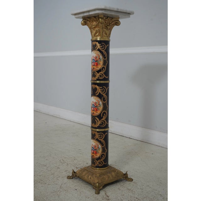 Traditional Pair Bronze Base Serves Style Marble Top Columns For Sale - Image 3 of 12