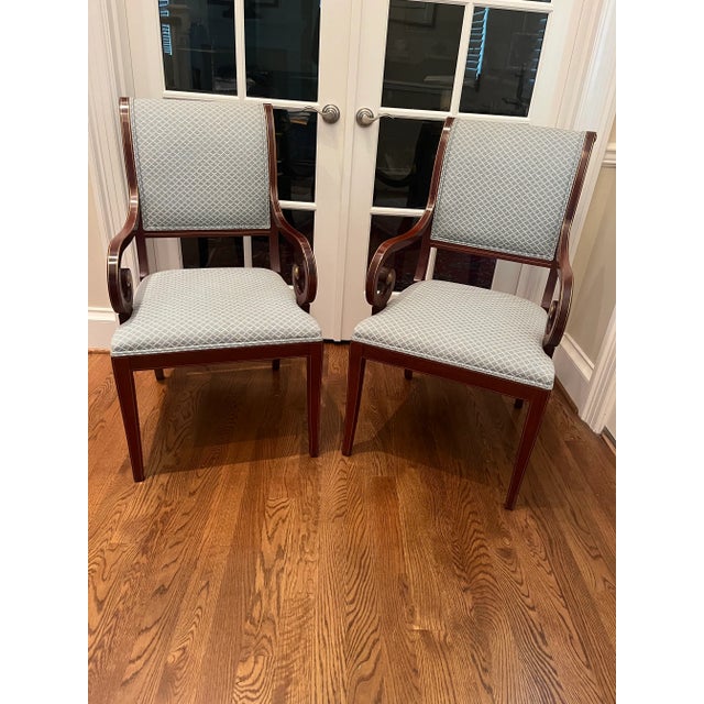 Arm Chairs Living Room Upholstered Sleigh Back Vintage Mahogany. Strikingly beautiful high end KINDEL arm chairs are...