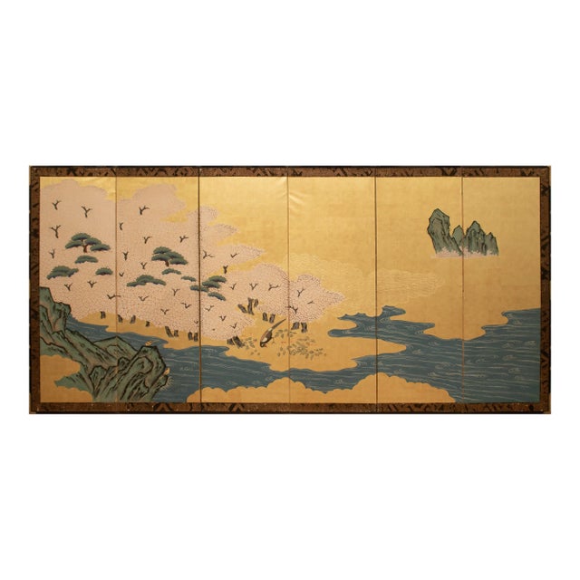XL Shōwa Era Japanese Gold Leaf & Maki-E 6-Panel Byobu Screen For Sale