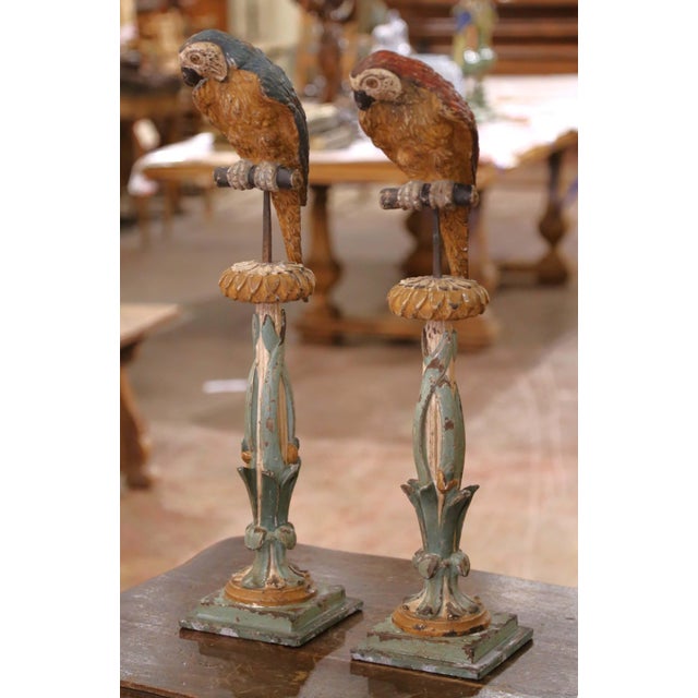 Mid 19th Century Pair of Mid 19th Century Italian Carved and Painted Parrot Candlestick Stands For Sale - Image 5 of 12