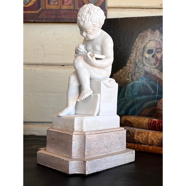 Ceramic Early 20th Century Italian Porcelain Bisque Figure of a Putto Writing After Canova For Sale - Image 7 of 14