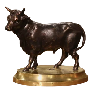 19th Century French Patinated Bronze Bull Sculpture on Oval Brass Base