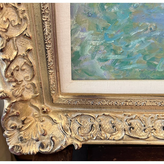 Green 1980s Signed Oil Painting, Style of Monet's Water Lilies With Gold Ornate Frame For Sale - Image 8 of 18