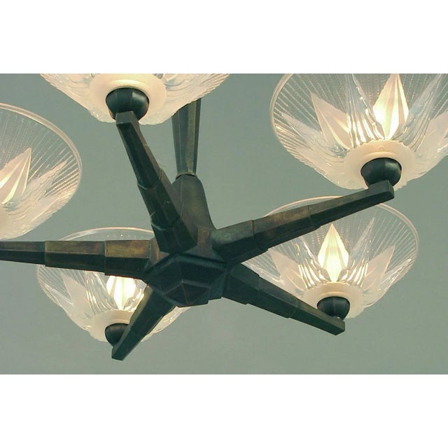 1930s 1930s 5-Light French Art Deco Bronze Chandelier, "The Best" Opalescent Shades For Sale - Image 5 of 6