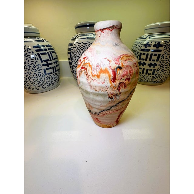 Orange Boho Chic Nemadji Swirl Vase in Red Orange & Gray Studio Pottery For Sale - Image 8 of 12