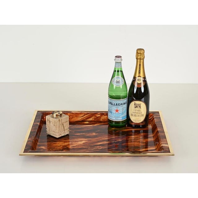 Brown Rectangular Tortoiseshell Effect Acrylic Glass and Brass Serving Tray from Dior, Italy, 1970s For Sale - Image 8 of 13