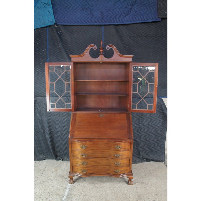 1940s Antique Maddox Chippendale Mahogany Serpentine Secretary Writing Desk Bookcase For Sale - Image 5 of 14