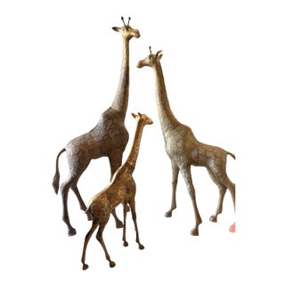 Vintage 1970s Hollywood Regency Solid Brass Giraffe Floor Statues - 3 Piece Family Set (Up to 54") For Sale