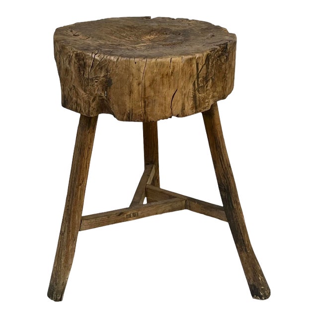 Rustic 19th Century Antique French Butcher Walnut Chopping Block, Side Table For Sale