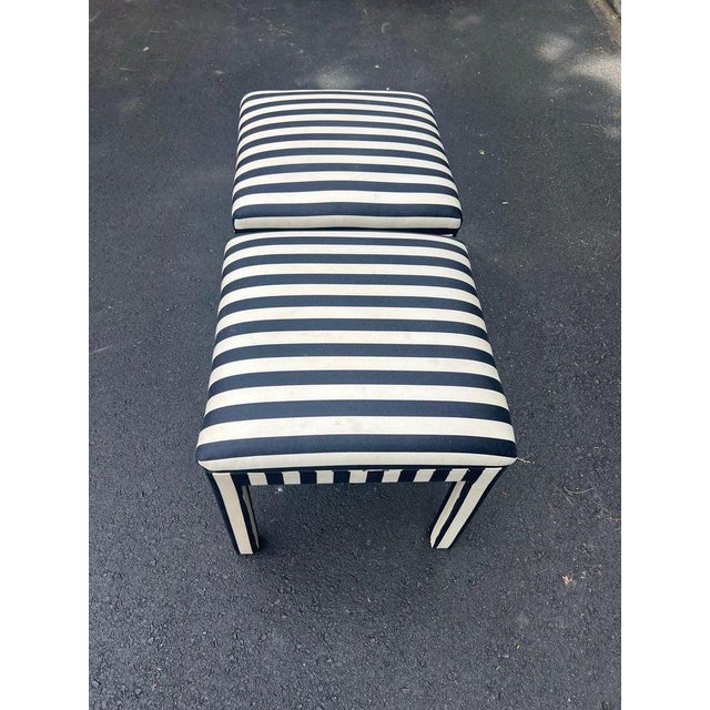 Navy Blue Pair of Striped Square Ottomans in the Style of Billy Baldwin For Sale - Image 8 of 12