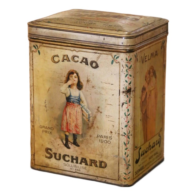 Early 20th Century Suchard Lithographed Tin Cacao Advertising Box For Sale