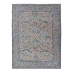 Arabesque All-Over Hand Knotted Oushak Designed in Ivory and Blue Tones