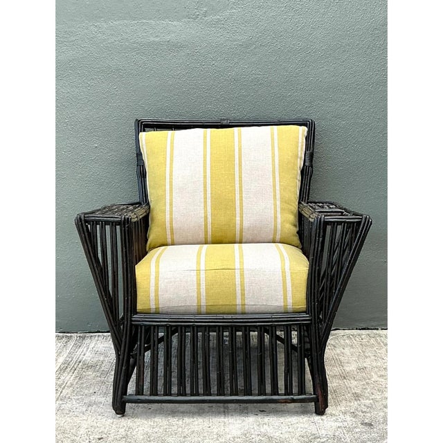 Vintage Stick Rattan Lounge Chair in Ralph Lauren Cabana Stripe For Sale - Image 4 of 12