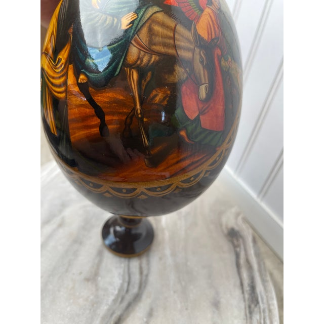 Paint Russian Kholuy Style Lacquer Egg Flight Into Egypt Signed Ryabov Vintage 10" Large For Sale - Image 7 of 11