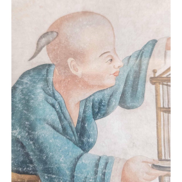 19th Century French Chinoiserie Chinese Export Style Watercolor Painting For Sale - Image 11 of 18