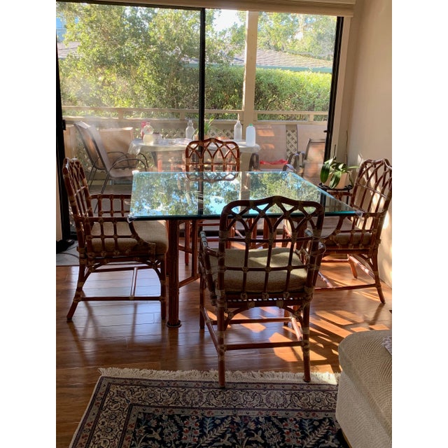 Beige Vintage McGuire Square Dining Table W/ Beveled Glass Top and Set of Four (4) Cathedral Armchairs—Set of 6 For Sale - Image 8 of 18