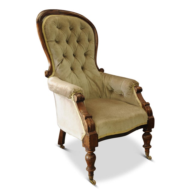 Victorian Walnut & Velvet Scroll Arm Button Back Library Armchair with Original Brass Castors For Sale - Image 4 of 6