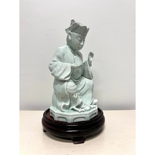 Asian Andrea by Sadek Blue Porcelain Buddha Figurine on Stand For Sale - Image 3 of 11