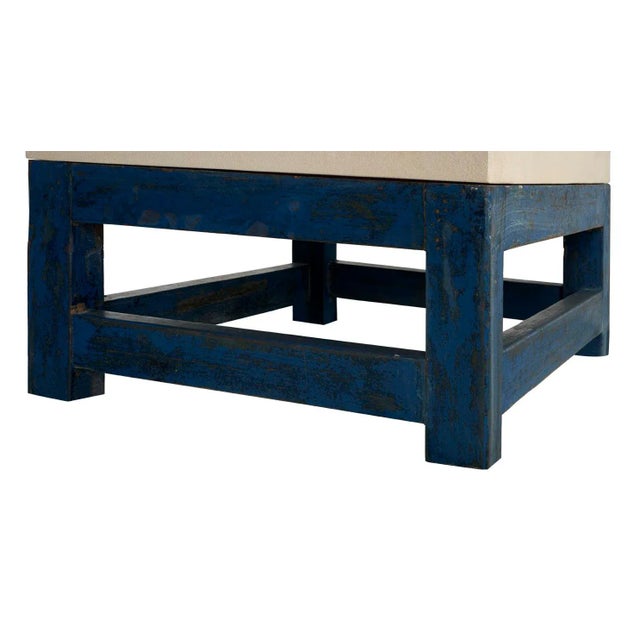 French Provincial Paint Patina Shop Table as Coffee Table With Limestone Top For Sale - Image 3 of 8