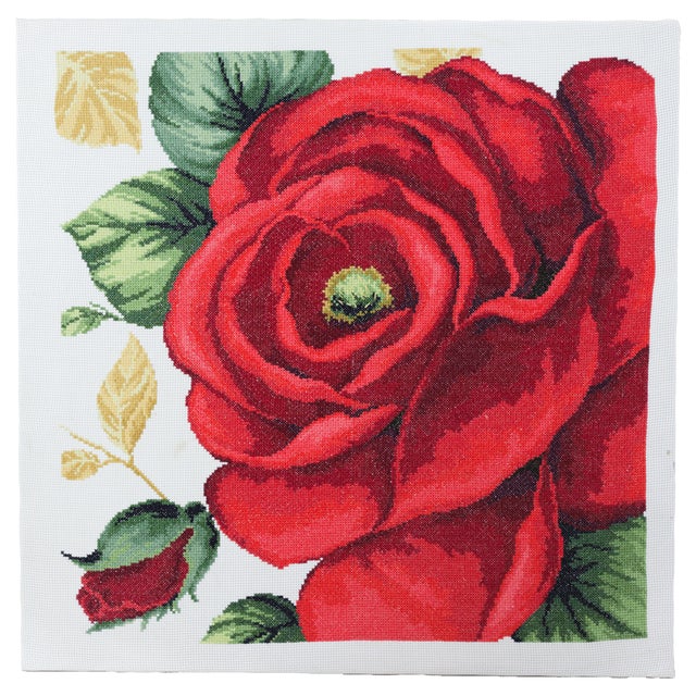 Vintage Floral Needlepoint Textile Art – Bold Red Rose Blossom and Botanical Leaf Motif For Sale - Image 9 of 9