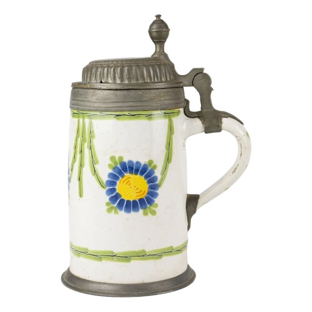 Antique Beer Mug with Floral Decorations For Sale