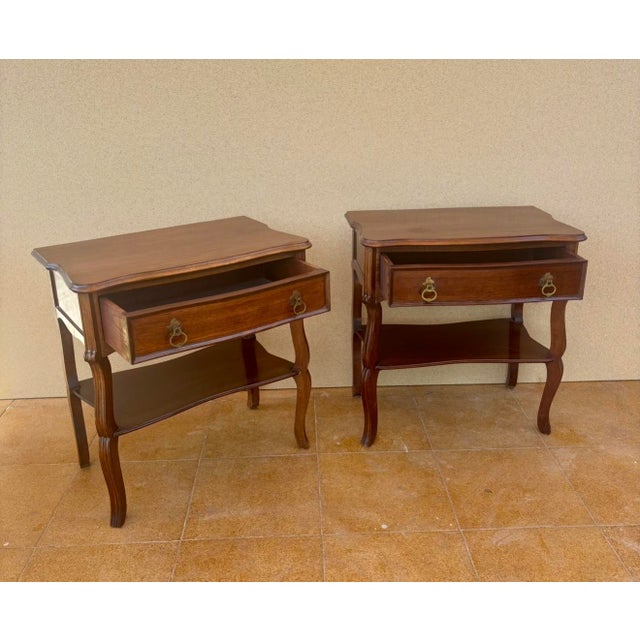 1940s Pair of Spanish Wood Bedside Tables With Drawers and Lower Shelves, 1940s For Sale - Image 5 of 15
