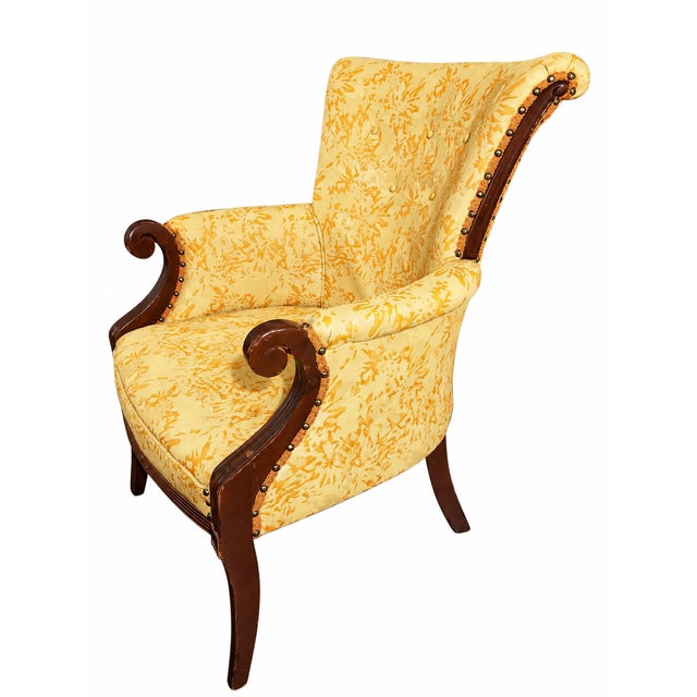 English Vintage Wingback Lounge Chair With Solid Wood Frame & Yellow Damask Upholstery For Sale - Image 3 of 9