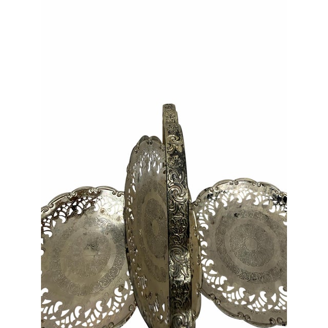 Vintage 1950s English Pierced Silver-Plated 3-Tier Folding Dessert Stand For Sale In West Palm - Image 6 of 8