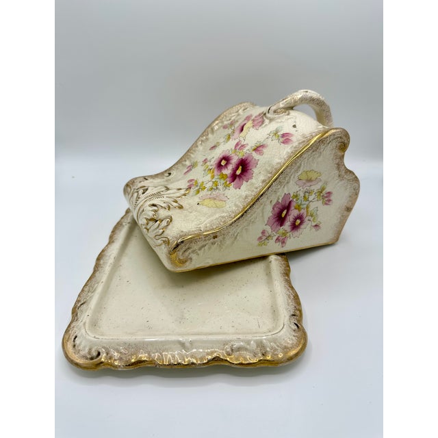 Antique White Antique Victorian Covered Cheese Dish - Pink & Gold, Stoke-on-Trent, C. 1910 For Sale - Image 8 of 9
