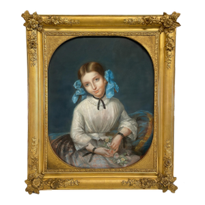 Antique 19th Century Swiss School Pastel Portrait Painting Beautiful Young Girl, Attributed to Albert Anker, Circa 1870